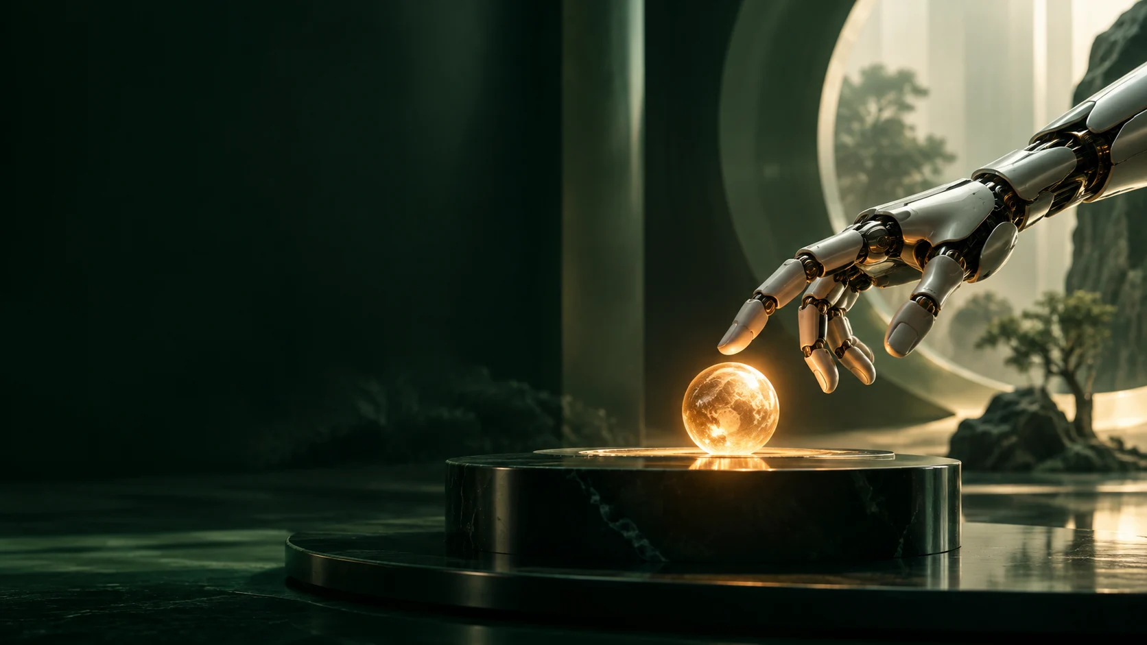 A robotic hand reaching toward a glowing orb in a calm architectural space