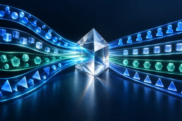 Luminous blue and teal identity paths converging into one glass prism