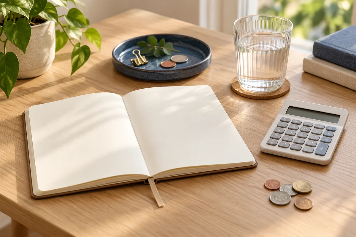 A notebook, calculator, blue tray and coins arranged on a light wooden desk