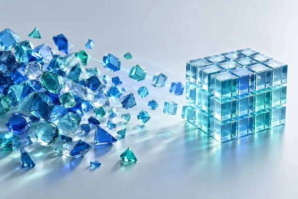 Irregular translucent pieces becoming a precisely ordered grid of glass cubes