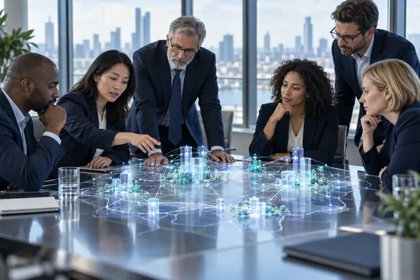 Business colleagues reviewing an abstract network model around a boardroom table