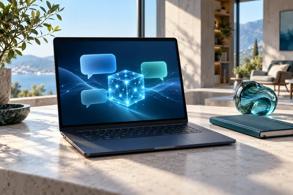 A navy laptop showing conceptual AI chat bubbles and a luminous model cube beside a teal notebook
