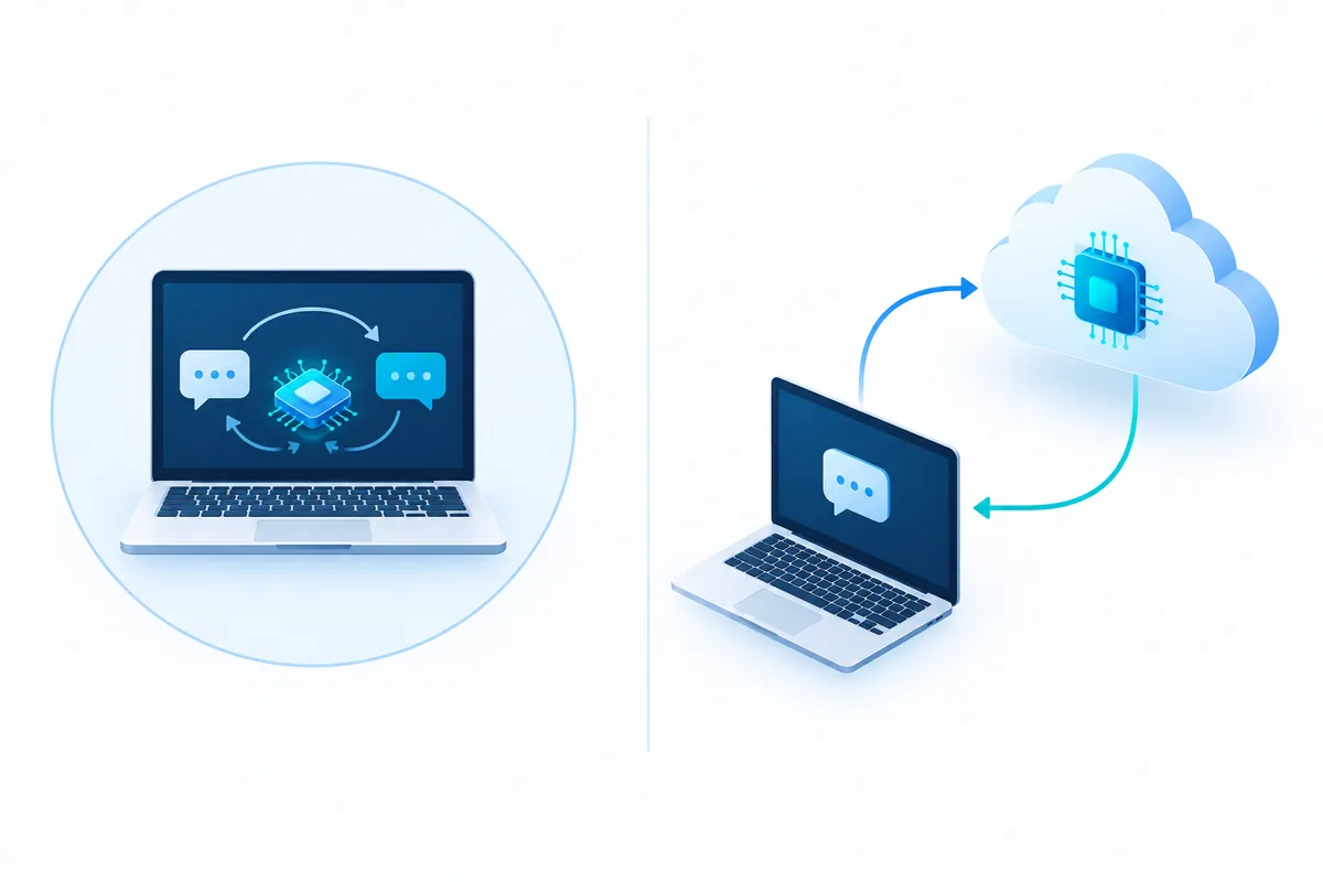 Conceptual illustration showing a model inside a laptop on the left and a laptop connected to a remote cloud model on the right