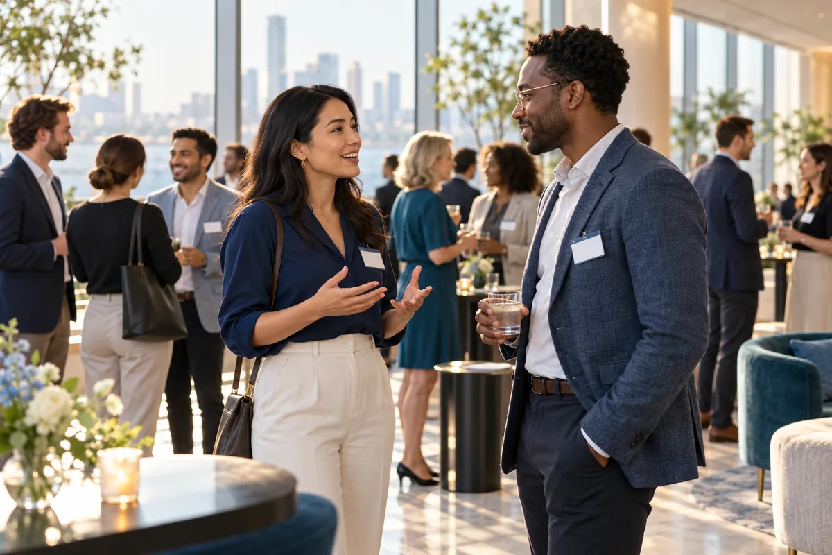 AI-generated illustration of professionals talking in small groups at a bright networking reception
