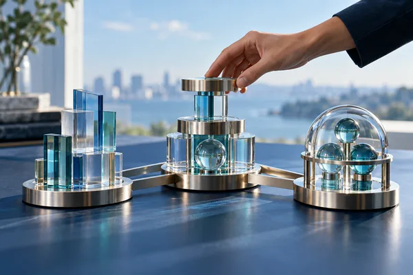 A hand arranging connected glass and metal structures on a blue tabletop