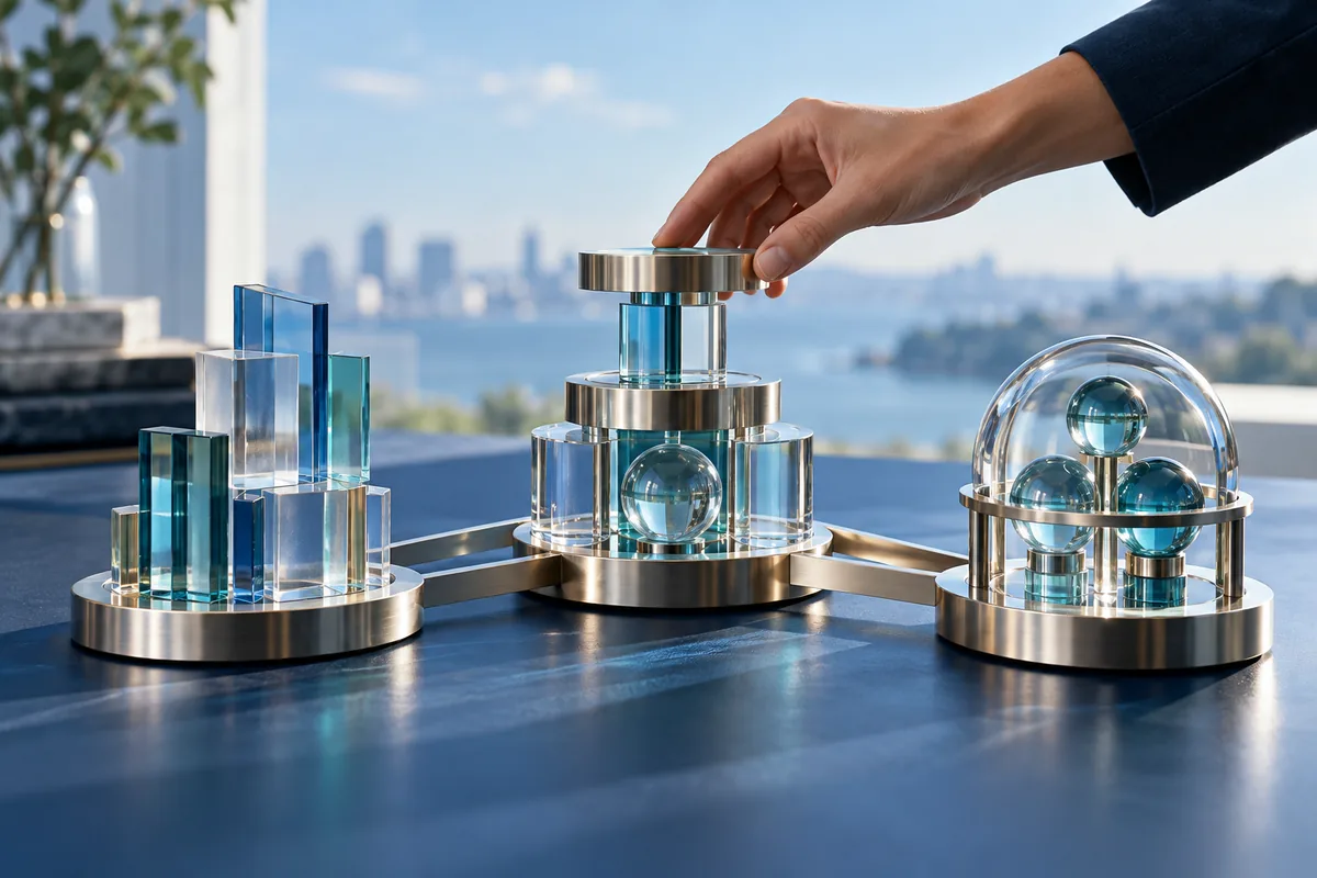 A hand arranging connected glass and metal structures on a blue tabletop