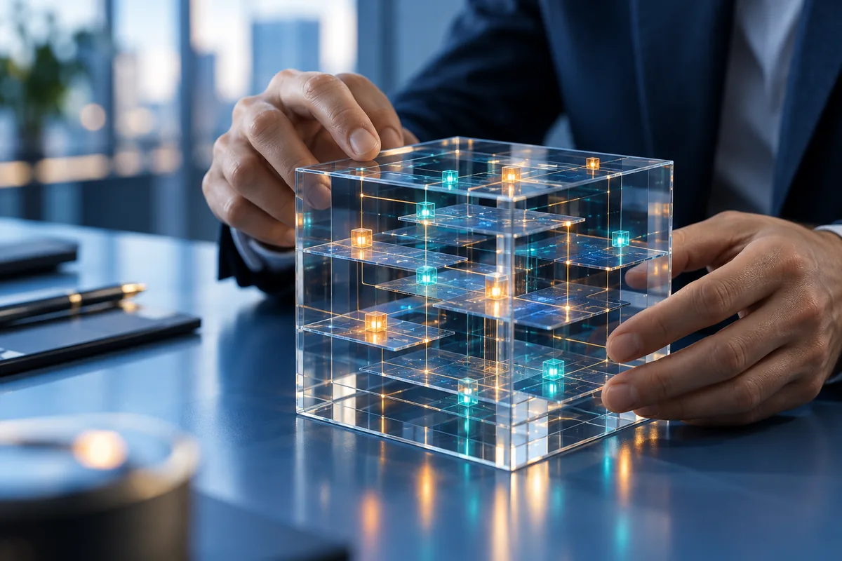 Hands examining a transparent layered cube with illuminated checkpoints