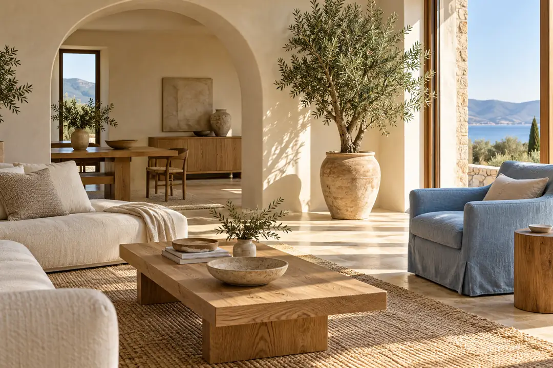 A sunlit room with an arched opening, natural furniture and a blue chair
