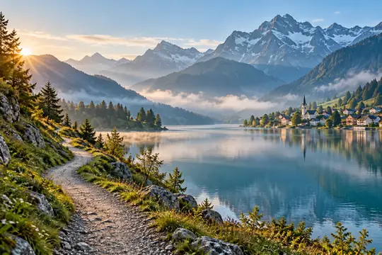 An alpine lake, a winding walking path and a distant mountain village