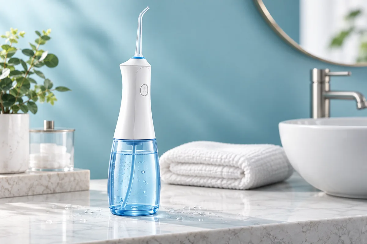 Conceptual white cordless water flosser with a pale-blue reservoir on a bathroom counter; not the actual CVS product